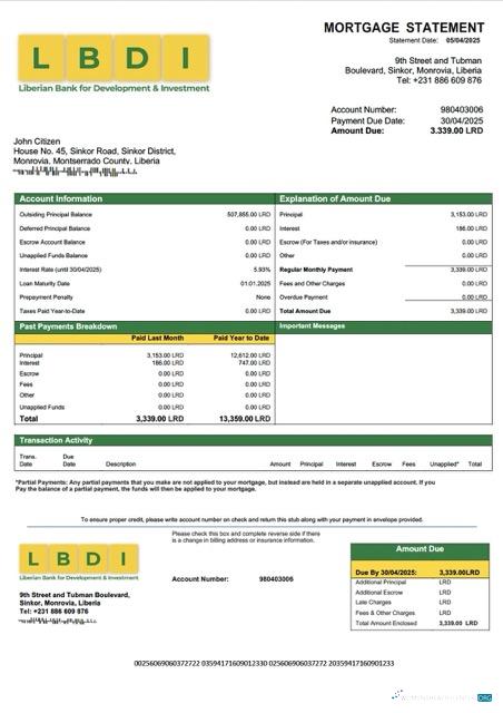 Liberian Bank for Development and Investment (LBDI) mortgage statement Word and PDF template